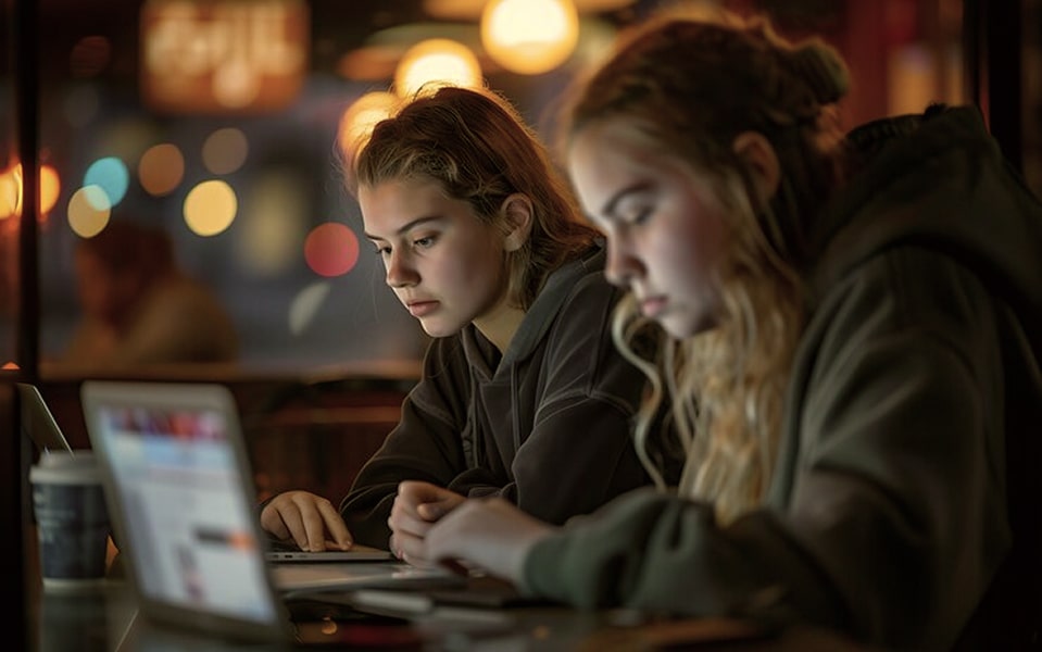 Two people working through a lesson on a laptop